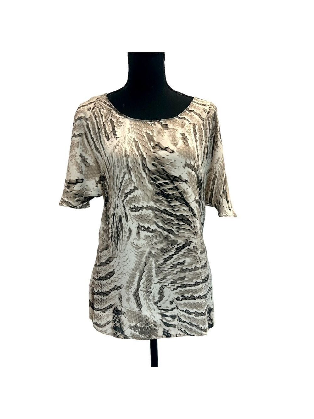 LE Chateau gray tan brown cream Snake print Short Sleeve blouse Sz M